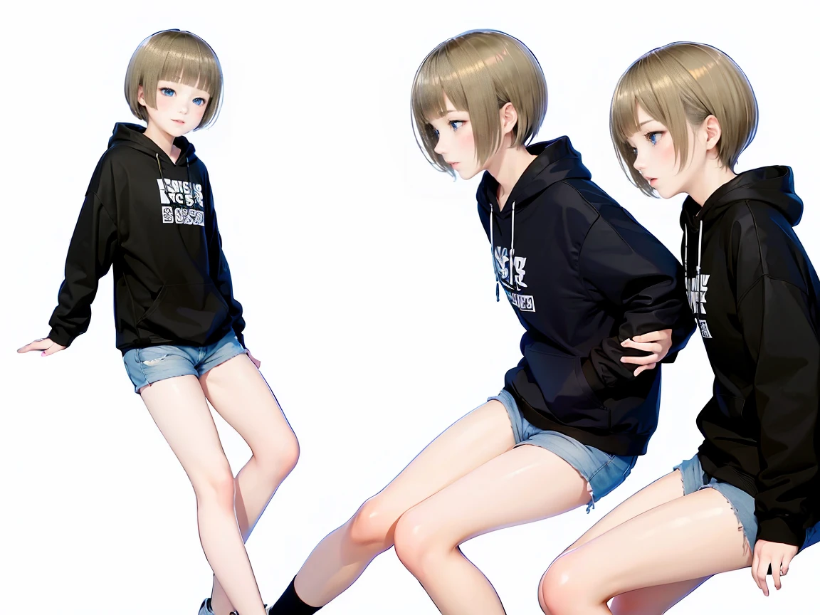 profile, bust shot,25-year-old Caucasian woman、platinum blonde、blue eyes、shiny skin、 short mash hair, turquoise eyes, plain white hoodie, black shorts, black sneakers,