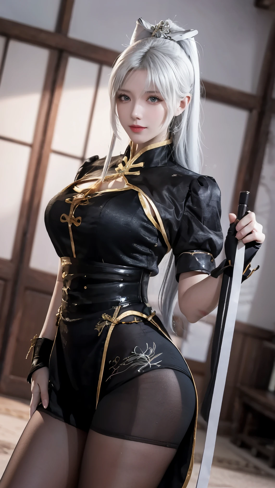 ，Close-up of miss wearing white mask, Beautiful character painting, guweiz, Gurwitz-style artwork, White-haired god, author：Yang Jie, Epic and beautiful character art, Stunning character art, author：Fan Qi, by Wuzhun Shifan, pixiv Art Street Guviz, Single ponytail, insult, High Ponytail, Tall and big, Long legs, (Sleeveless lace shirt), (shorts), (Striped )), ((Striped )), Walk, elegant, dignified, miss, Beautiful curves, sweet smile, Strong sense of detail and layering, color丰富绚丽, Has a unique texture, rich and colorful, color, vivid, design art, 16K, Super detailed, {{illustration}}, {Extremely refined}, {Exquisite surface treatment}, Super detailed, Delicate and shining eyes, {{Movie Lighting}}, Extreme lighting effects, Model: realism, CFG size: 12, Laura: Bright texture (1.35), high quality, masterpiece, Exquisite facial features, Delicate hair depiction, Detailed depiction of eyes, masterpiece, best quality, Ray Tracing, Extremely detailed CG unified 8k wallpaper, masterpiece, best quality, (1 girl), 完美miss身材, (((Skinny white T-shirt))),  (Delicate face), Black short hair, Tie your hair up, light blue hairpin,  (White skin), (Optimal lighting), (Super intricate details), 4k unity, (Super detailed CG), Showing off her white legs, , Hot Pants, shorts,