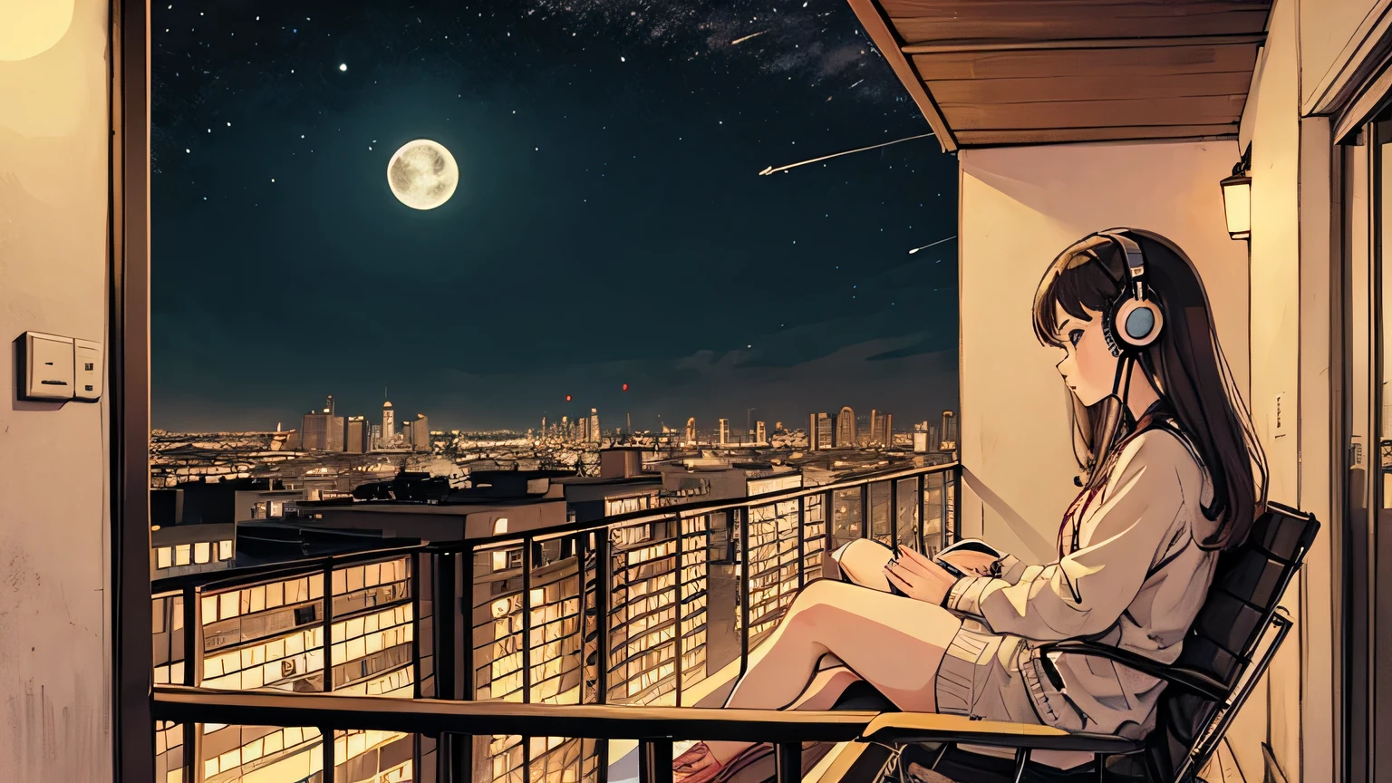 1 girl, 70s anime style, night, Apartment balcony、 moon, Girl wearing headphones, Late night on the balcony, Listening to music alone, City Pop, low quality, Lo-Fi, Chill, late night, Single room balcony, Dark Room, futuristic night view outside the window, 