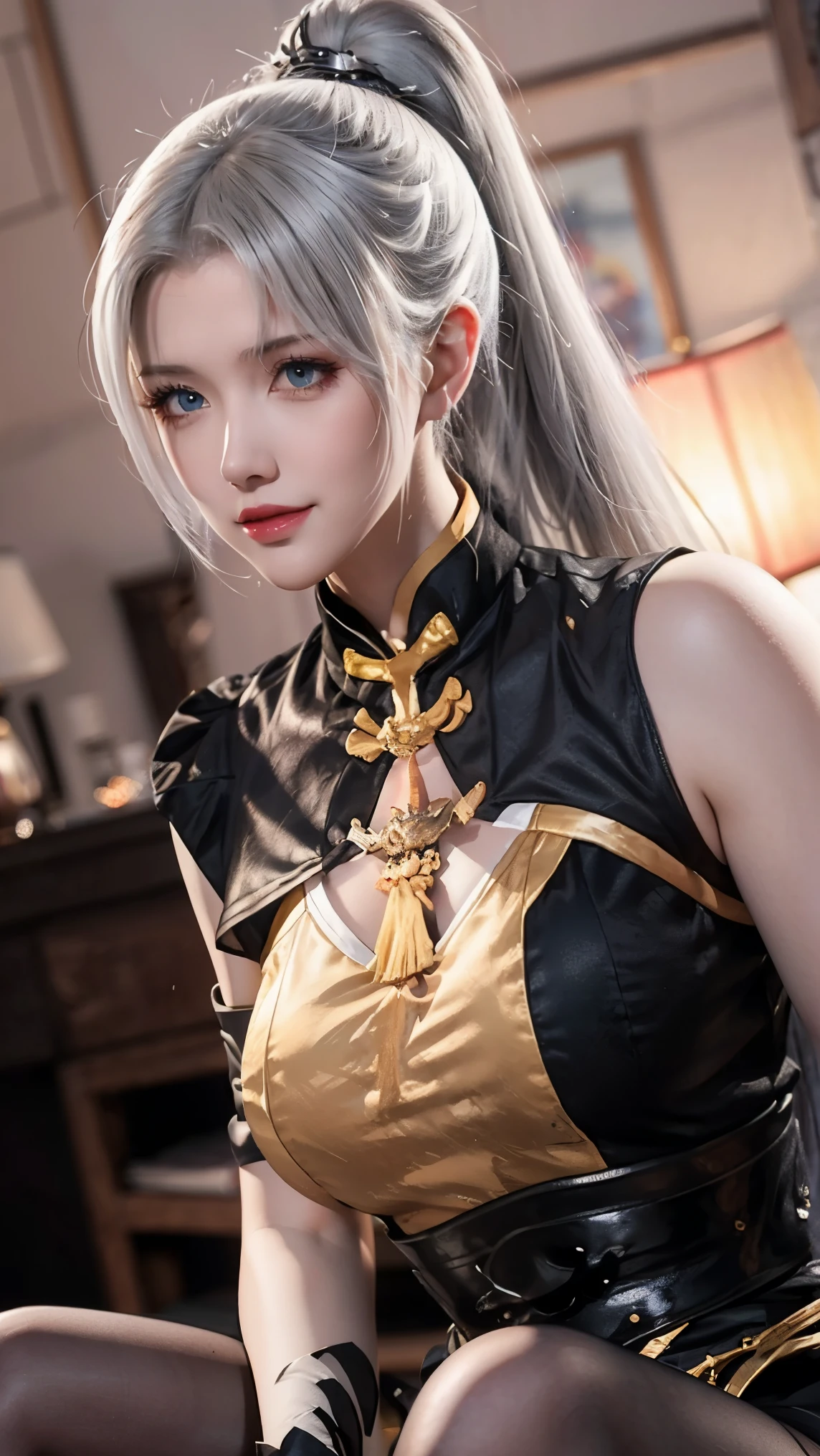 ,Close-up of miss wearing white mask, Beautiful character painting, guweiz, Gurwitz-style artwork, White-haired god, author:Yang Jie, Epic and beautiful character art, Stunning character art, author:Fan Qi, by Wuzhun Shifan, pixiv Art Street Guviz, Single ponytail, insult, High Ponytail, Tall and big, Long legs, (Sleeveless lace shirt), (shorts), (Striped )), ((Striped )), Walk, elegant, dignified, miss, Beautiful curves, sweet smile, Strong sense of detail and layering, color丰富绚丽, Has a unique texture, rich and colorful, color, vivid, design art, 16K, Ultra Detailed, {{illustration}}, {Extremely refined}, {Exquisite surface treatment}, Ultra Detailed, Delicate and shining eyes, {{Movie Lighting}}, Extreme lighting effects, Model: realism, CFG size: 12, Laura: Bright texture (1.35), high quality, masterpiece, Exquisite facial features, Delicate hair depiction, Detailed depiction of the eyes, masterpiece, best quality, Ray Tracing, Extremely detailed CG unified 8k wallpaper, masterpiece, best quality, (1 girl), 完美miss身材, (((tight white t shirt))), (Delicate face), Black short hair, Tie your hair up, light blue hairpin, (White skin), (Optimal lighting), (Super intricate details), 4k unity, (Ultra Detailed CG), Showing off her white legs, , Hot Pants, shorts,