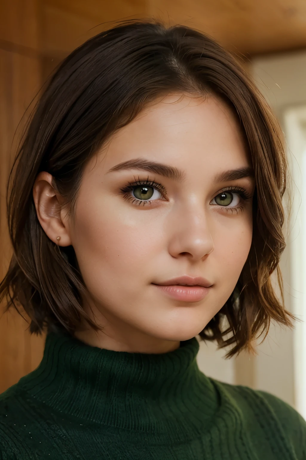 The camera captures a young 25 year old woman with short length brown hair and hazelnut brown eyes, her upturned nose giving her a unique and alluring look. She has full lips and wears a minimal and cute natural make-up. Her eyes sparkle and she is wearing a green sweater, she looks cute and innocent, kinky look