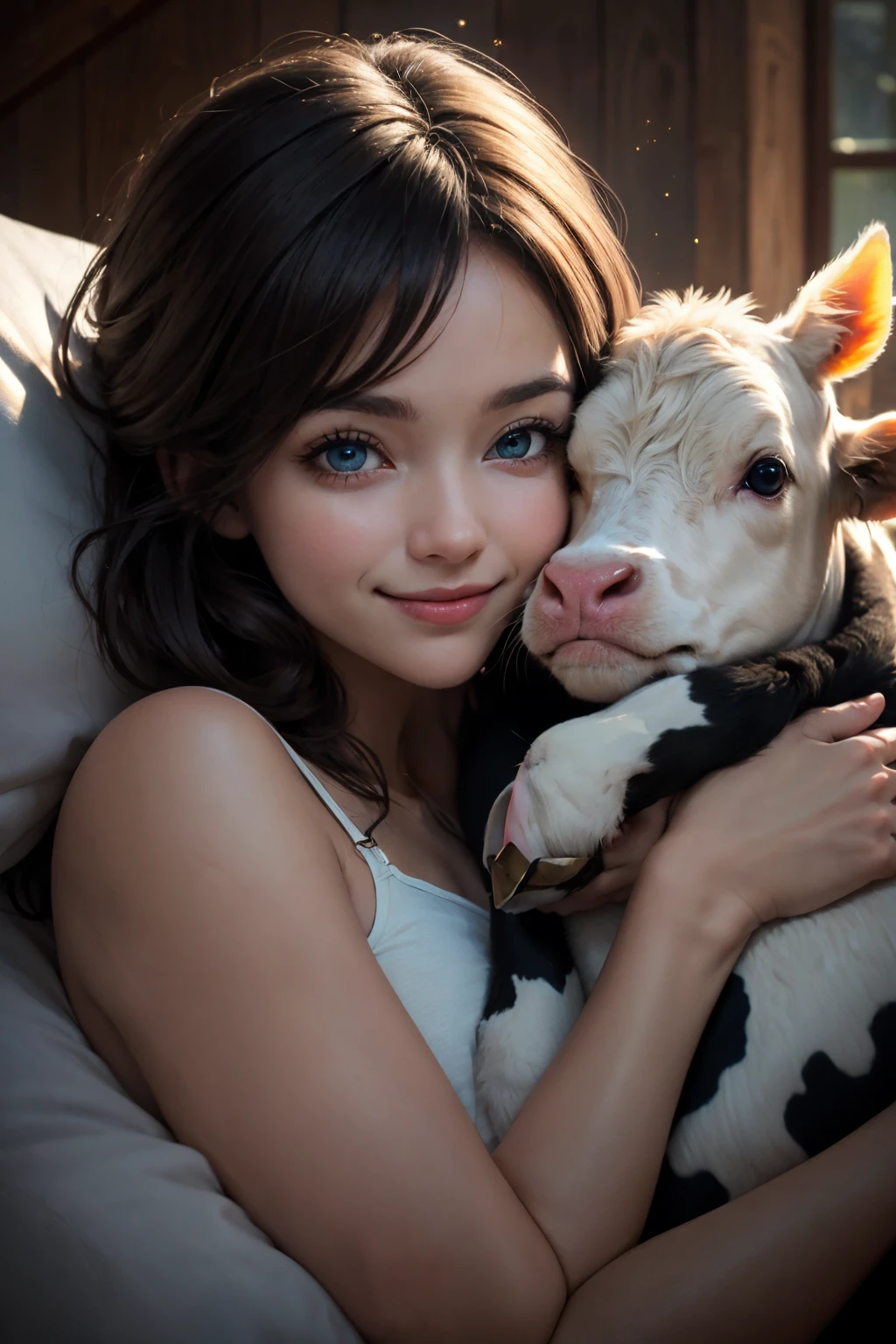 This is a cozy and happy image of a woman curled up next to an adorable calf. The woman is  with interesting and beautiful eyes and puffy lips. Her eyes are (colorful) and have interesting color combinations. The calf is sleepy and cute, with detailed eyes and cow markings. Include many cozy and peaceful details. Include warm, peaceful, pretty, elegant, baby cow, lovely  woman, smile lines, god rays, rays of light, shimmer, ((masterpiece)), best quality, ultra detailed. Perspective places the woman and the calf in the center of the image. Utilize dynamic composition and cinematic lighting techniques.