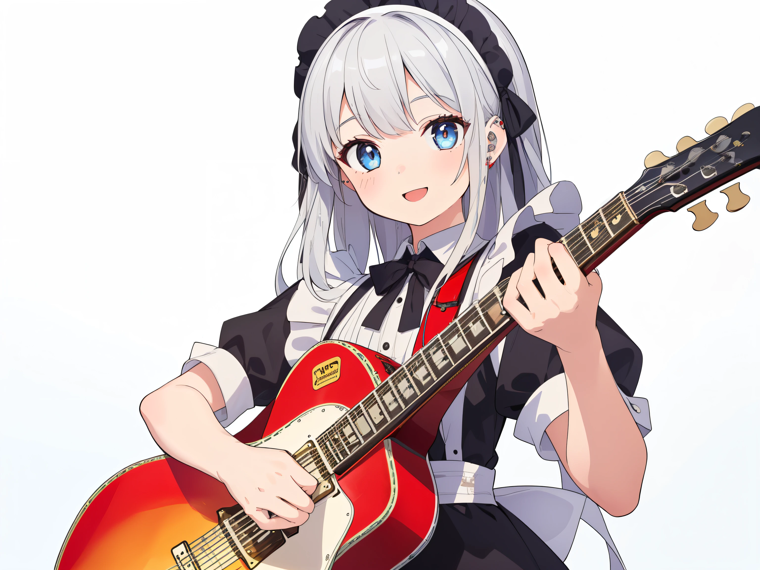 ((highest quality)),(Ultra-high resolution),(Very detailed),(Detailed Description),((The best CG)),(masterpiece),(Steampunk Maid),(One Girl)、Dark silver gradient hair、Long Hair、Light blue eyes、Narrow eyes、Happy smile、Highly detailed art,Amazing drawing art,(Art with exquisite detail:1.5), (Female guitarist playing guitar:1.6)、Upper Body、Les Paul,Simple Background、(((White Background)))