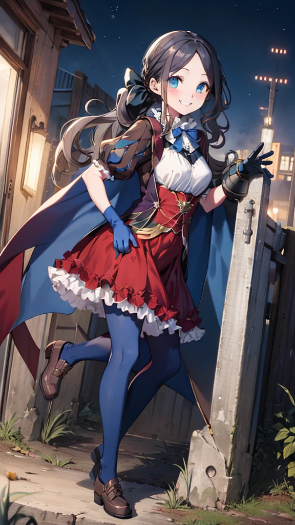 masterpiece, highest quality, High resolution, Da Vinci, ponytail, Hair Bow, Parted bangs, Small breasts, Blue ribbon, Single gauntlet, Cape, Red Skirt, Puff short sleeves, Blue gloves, Blue Pantyhose, Cowboy Shot, Are standing, Outdoor, smile,