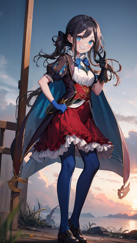 masterpiece, highest quality, High resolution, Da Vinci, ponytail, Hair Bow, Parted bangs, Small breasts, Blue ribbon, Single gauntlet, Cape, Red Skirt, Puff short sleeves, Blue gloves, Blue Pantyhose, Cowboy Shot, Are standing, Outdoor, smile,