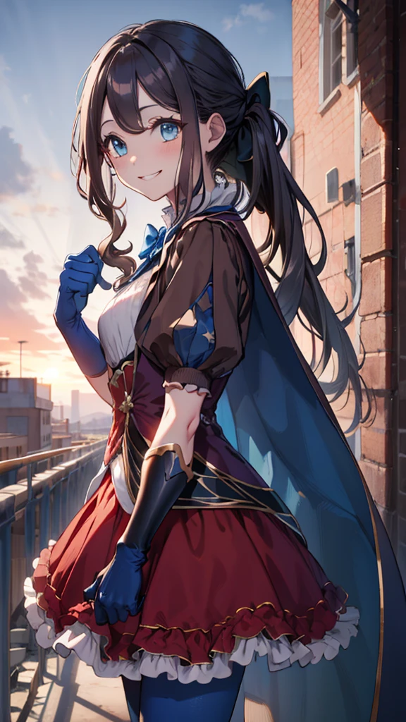 masterpiece, highest quality, High resolution, Da Vinci, ponytail, Hair Bow, Parted bangs, Small breasts, Blue ribbon, Single gauntlet, Cape, Red Skirt, Puff short sleeves, Blue gloves, Blue Pantyhose, Cowboy Shot, Are standing, Outdoor, smile,