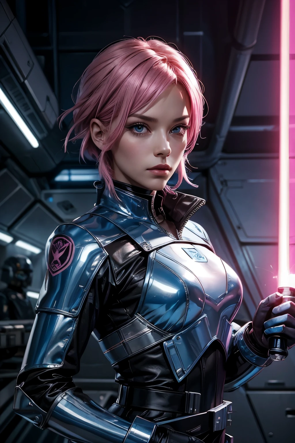 A beautiful woman is staring at the camera with a defiant expression. She has pink hair. She wears a blue metallic battle uniform. She's inside the spaceship's hangar, holding a lightsaber.