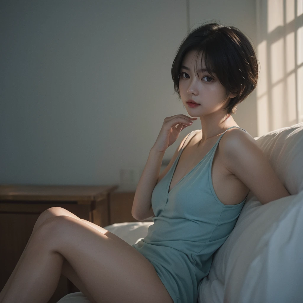 top-quality、​masterpiece、超A high resolution、(Photorealsitic:1.5)、Raw foto、1girl in、murky、deep-shadows、Unobtrusive、cold light、sexy appearance、shorth hair、((very_short_hair))