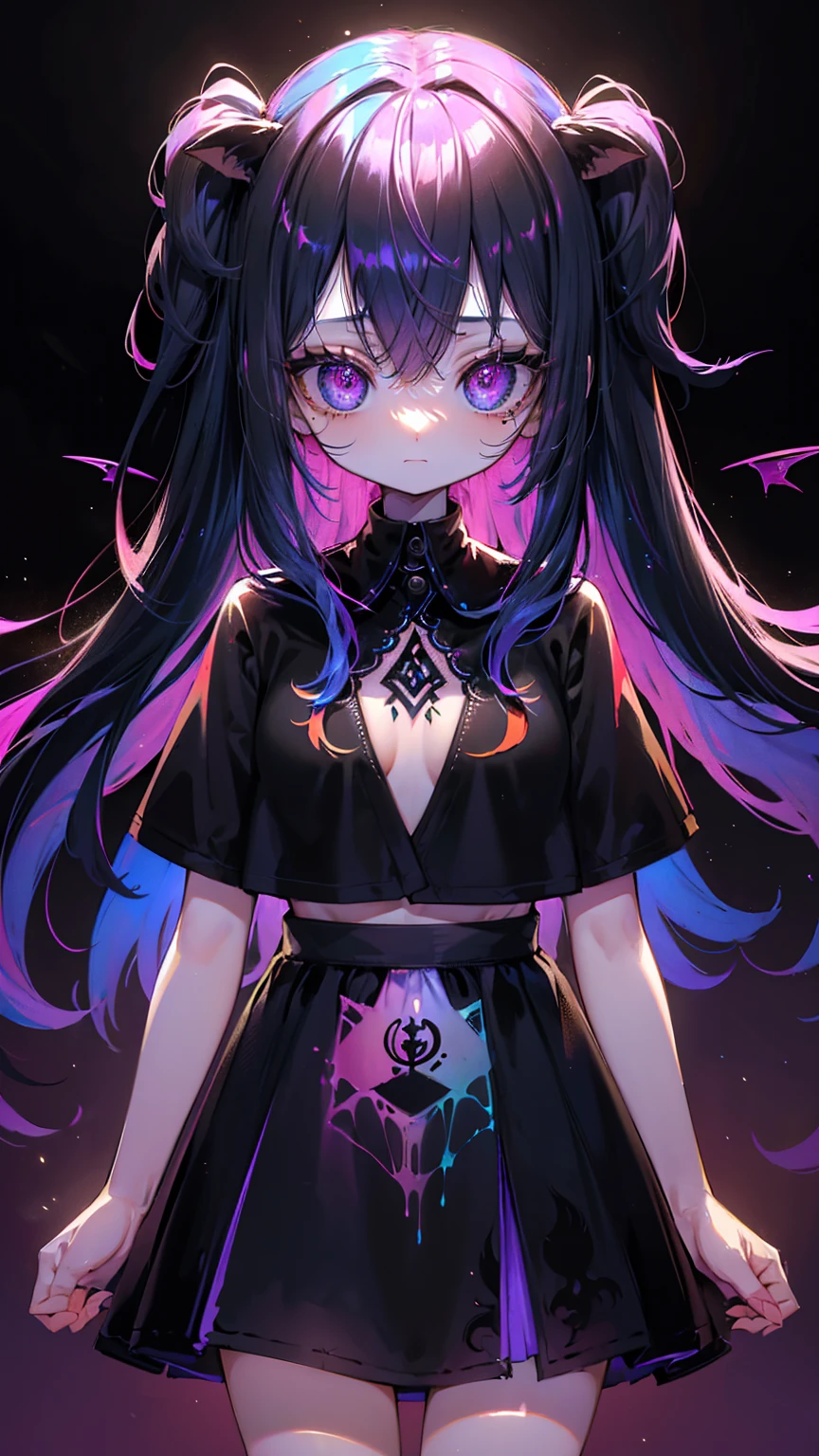 chica demonio , prismatic coloration, holographic environment, blusa de encaje negro cromatico, fondo negro, (cuernos largos y rectos:1.2)