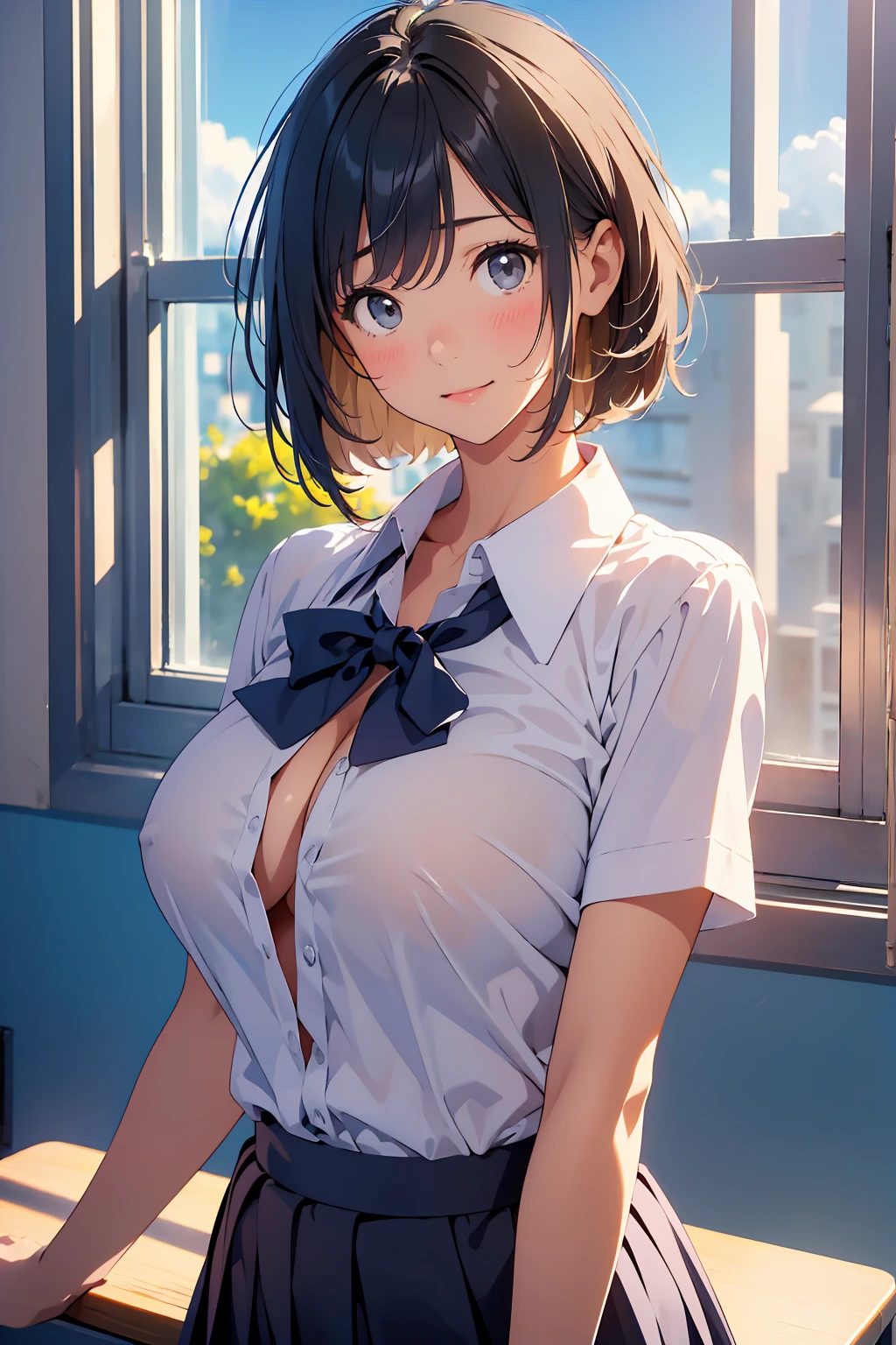 (masterpiece:1.6),(Highest quality 1.6), (Ultra High Resolution 1.2),(Black Hair:1), ( Black Hair:1),(Upward-facing chest, Beautiful big boobs:1.3), (Cleavage), (beautiful girl:1.4),girl,(Bob Hair:1.2),(enjoy:1.6), (Happy:1.3),(It gushes out:1.4), close your eyes, (Squint your eyes:1.4), ((blush)), Beige sweater tied around the waist,(Uniform 1.1), White blouse, ((Open blouse)), (Upper Body Shot:1.3),Side Shot,Realistic Background,School, Classroom window background, Blue sky outside the window, slouch, 