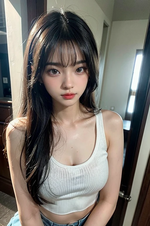 beautiful Asian girl, college student, masterpiece, light makeup, silver hair, messy long hair, 90s scene, beautiful, elegant. super fine details, master works, authentic texture, soft lighting realism, perfect job, 16K, hd, exquisite features,blue eyes、Beautiful Face、cute smile、brown hair、beautiful hair、glamorous、small breasts、no bra、shiny skin、white skin, glowing skin, bright big eyes, smooth skin, super sexy  tank top, wet tank top,  thin tank top , retro light