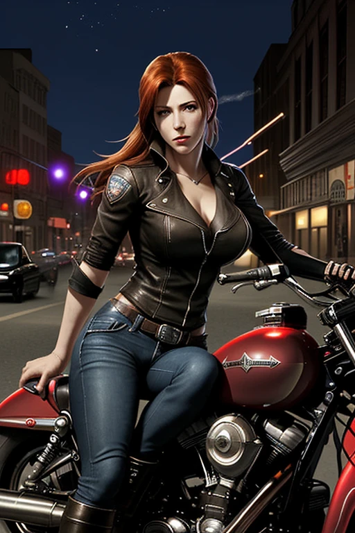 The beautiful Claire Redfield sits on a Harley Davidson motorcycle on a nighttime street smoking a cigarette.