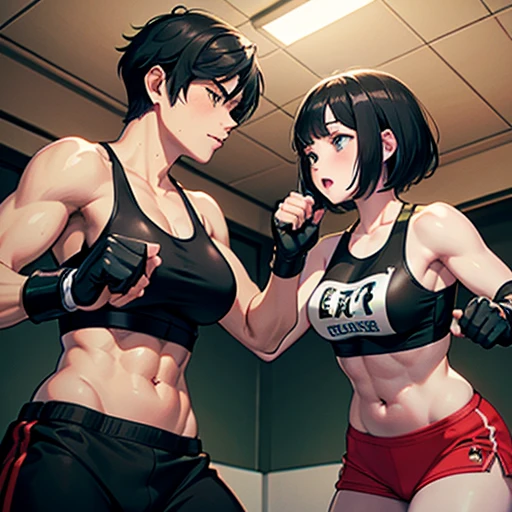 A heavyweight female fighter with beautiful six-pack abs punches a Japanese high school girl with short-cut black hair and poor body in her poor belly. Mixed martial arts gym ring. Tank top, spats, open finger gloves.