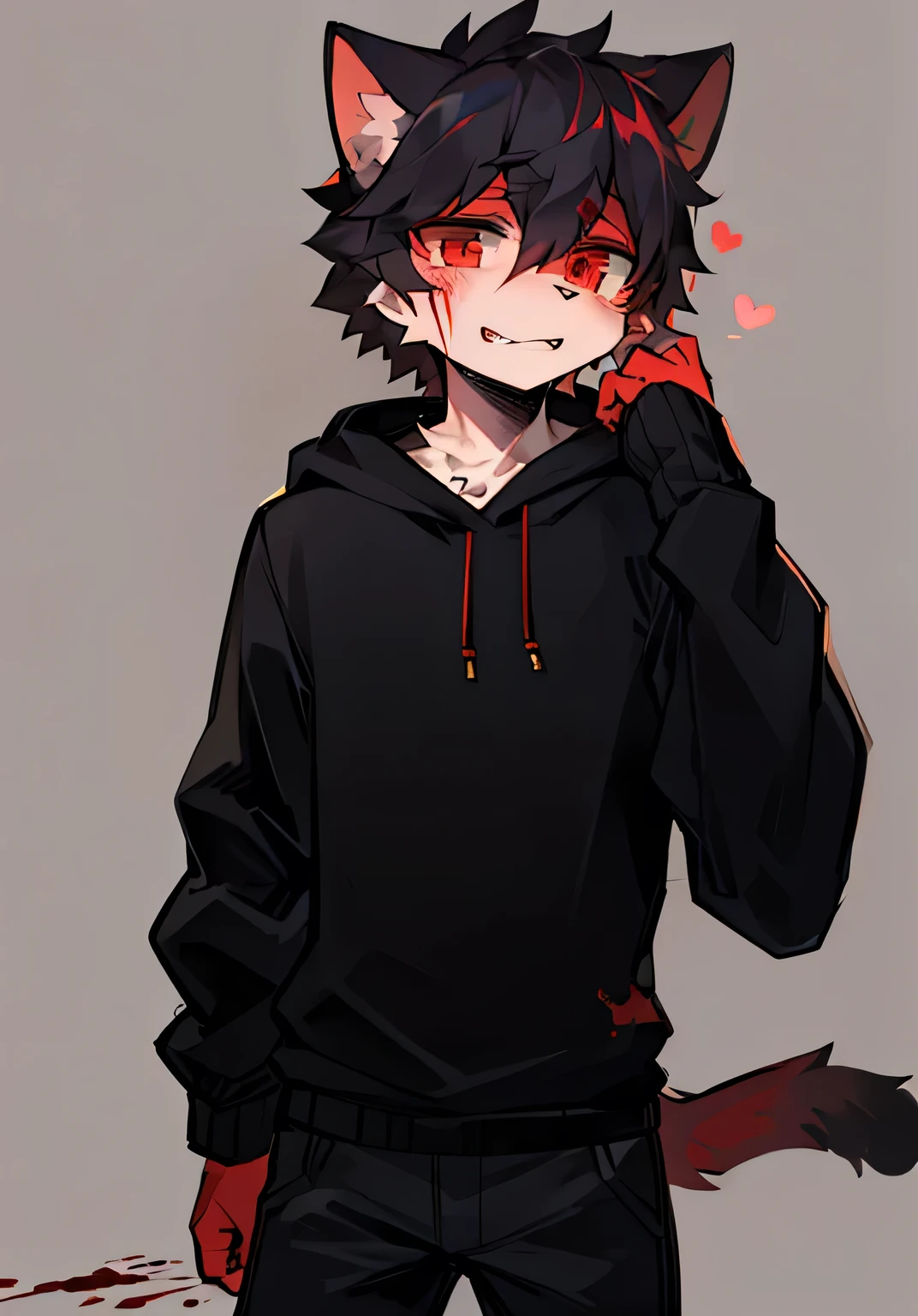 Cat，male，Furry of ears，Fluffy tail，Black sweatshirt，Black pants，high quality，Red pupil，blood，Dark of，Wound，of