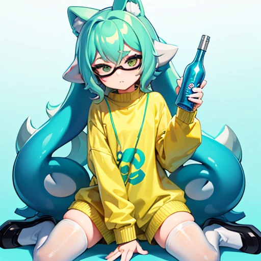 femboy with aqua splatoon-like hair with wavy bangs, wearing an oversize pastel-yellow sweater and some white thigh socks in a kneeling position, a vodka in hand with a drunken face.