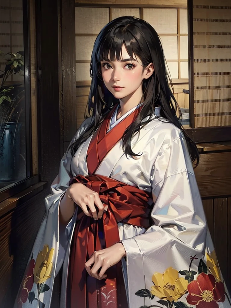 (highest quality、8K、32k、masterpiece)、(masterpiece,newest,exceptional:1.2), anime,1girl,bangs,black_hair, beautiful 8k eyes,cloud,day,dress,looking_at_viewer,outdoors,red_neckwear,red_ribbon,ribbon,river,short_hair,short_sleeves,sky,skyscraper,solo,standing,town,water、((Very beautiful woman, Fuller lips, Japanese pattern kimono))、((Colorful Japanese kimono)))、(((Medium Shot)))、Blunt bangs、(High resolution)、、very beautiful face and eyes、1 girl 、round and small face、thin waist、delicate body、(highest quality high detail Rich skin details)、(highest quality、8K、oil paint:1.2)、Super detailed、(realistic、realistic:1.37)、bright colors、(((Black Hair)))、(((Long Hair)))、(((Cowboy photos)))、((( Inside an old Japanese house)))、(masterpiece, top quality, best quality, official art, beautiful and aesthetic:1.2), (1girl), extreme detailed,(fractal art:1.3),colorful,highest detailed,Sengoku period(High resolution)、Very beautiful face and eyes、1 girl 、Round and small face、Narrow waist、Delicate body、(highest quality high detail Rich skin details)、(highest quality、8k、Oil paint:1.2)、(Realistic、Realistic:1.37)、