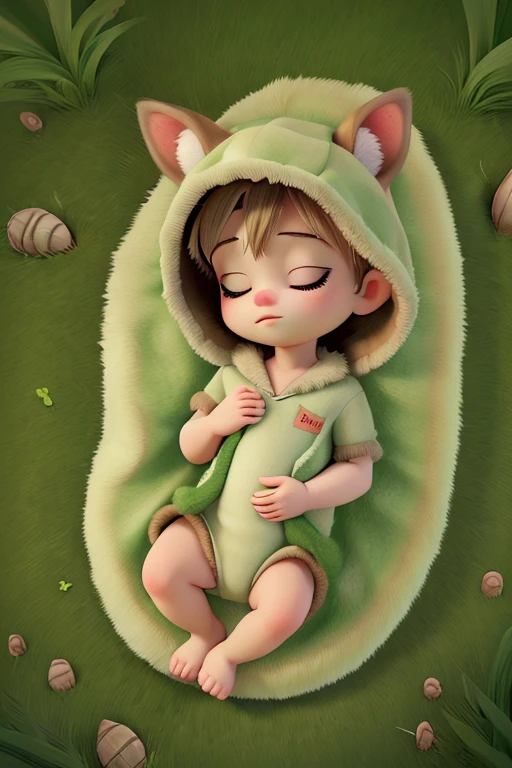 A baby fawn sleeping on a fur blanket in the forest on green grass 