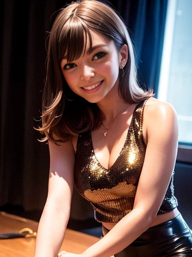 ((highest quality、masterpiece:1.2、8k、Reality Photography、Beautiful dimming、RAW Photos、超A high resolution、Very delicate background))、(((Seductive beautiful adult woman)))、Smooth and perfect body、((Casual hair、pantyhose、Sequin trapless Leather_Tank top_and_Decorated:1.5))、(Big smile)、(fluffy round eyes、Kind eyes)、Beautifully detailed face、Beautifully detailed skin,、Whole body image、(Disco、Neon lighting),Above the knee shot,