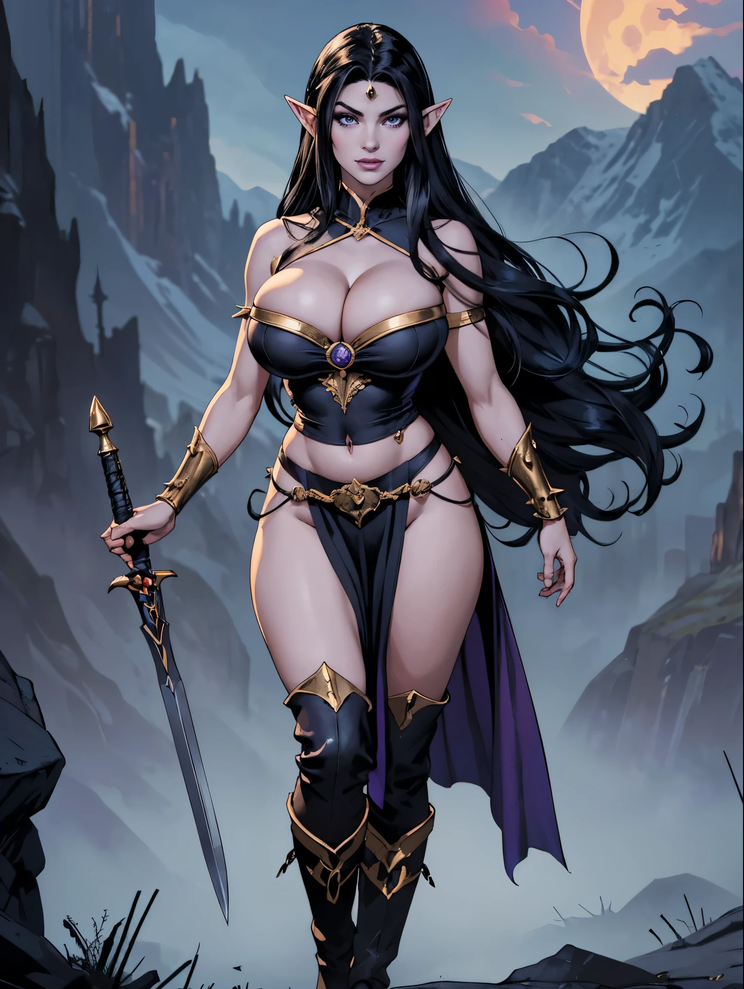 (masterpiece, top quality, best quality, official art, beautiful and aesthetic:1.2), (1girl:1.3), ((Sharp facial features, sharp features, hawkish features)), ((big hair, long elf ears, long black hair)), (((pale purple skin, pale blue skin, blue skin, purple skin))), big tiddy dark elf girl, extremely detailed, portrait, looking at viewer, solo, (full body:0.6), detailed background, full-body shot, (cold night mountain theme:1.1), dark elf war dancer, (spiky winged headdress), charlatan, smirk, mysterious, swaying in mountains, skimpy attire, revealing gladiatrix costume, ebony metal, gold filigree, gold bikini, circlet, metal bikini, long boots, dual knives, blood red fabric, pelvic curtain, loincloth, black leather, ((((big hair, gigantic breasts, cleavage, skindentation, long legs, pelvic curtain)))), cute belly button, toned tummy, slim waist, slim hips, long legs, medieval (mountain exterior:1.1) background, dark mysterious lighting, shadows, magical atmosphere, dutch angle