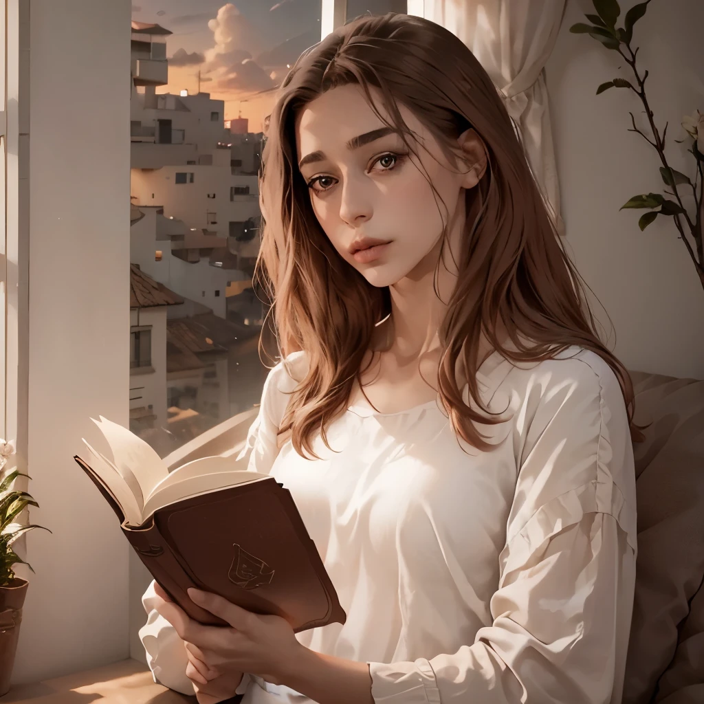 Chica de la edad media,con ropa rosa y blanca de la edad media,en casa humilde,leyendo un libro,con luz que da de una ventana,rayos de sol de un atardecer,with brown hair and copper locks,con ojos marrones,piel blanca,cejas pobladas,gruesas y negras,with a medium tanny nose,labios delgados y rosas,estilo libro