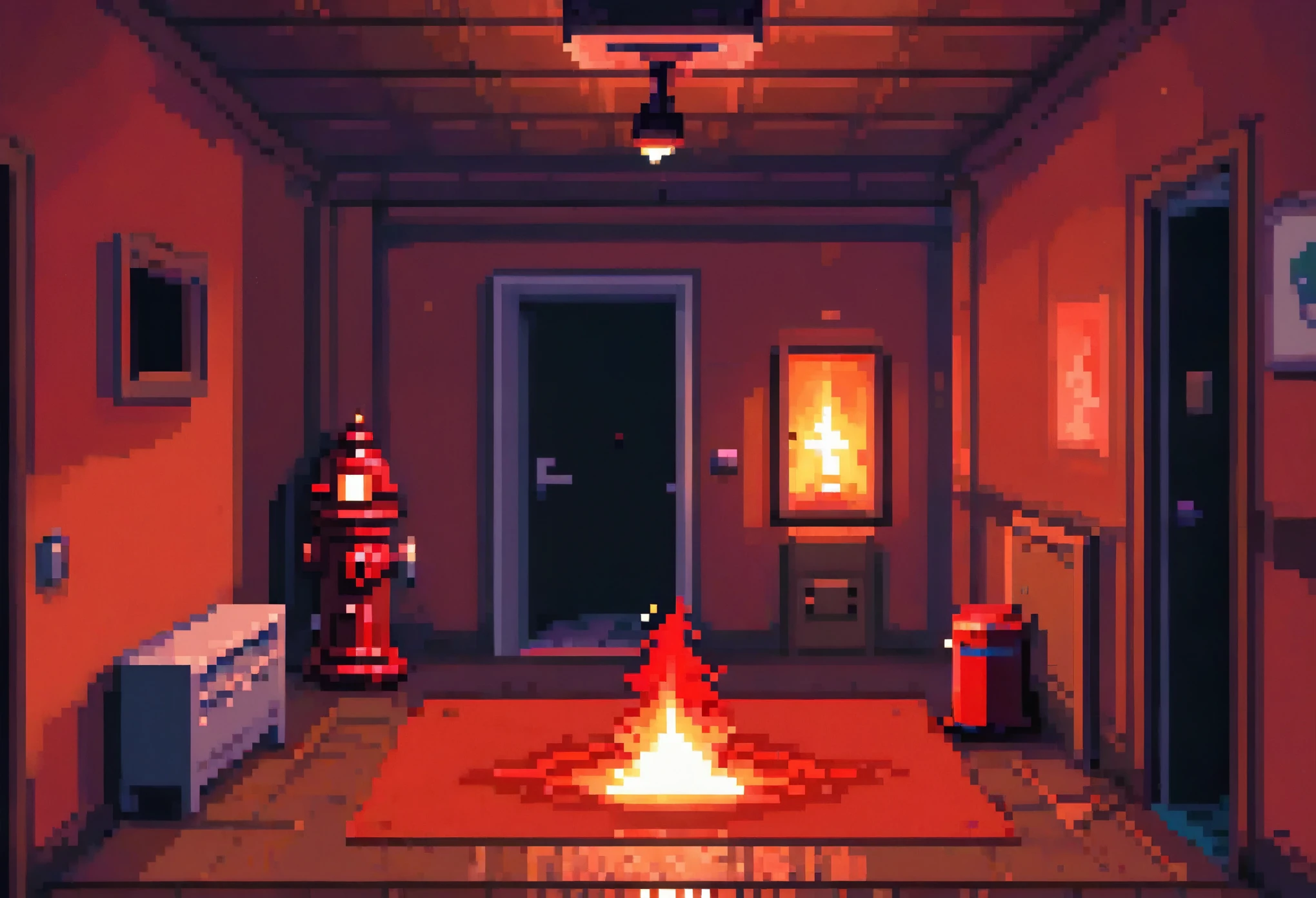 there are pixel graphics of a room with a door and a fire hydrant, indie video game horror, yum Nikki, emits an angry red aura, Glowing sprites, ghost room, horror game graphics, [ horror game ], spirits come out of the portal, horror game, video game yet, Pixel game, видеоhorror game, A dimly bright room