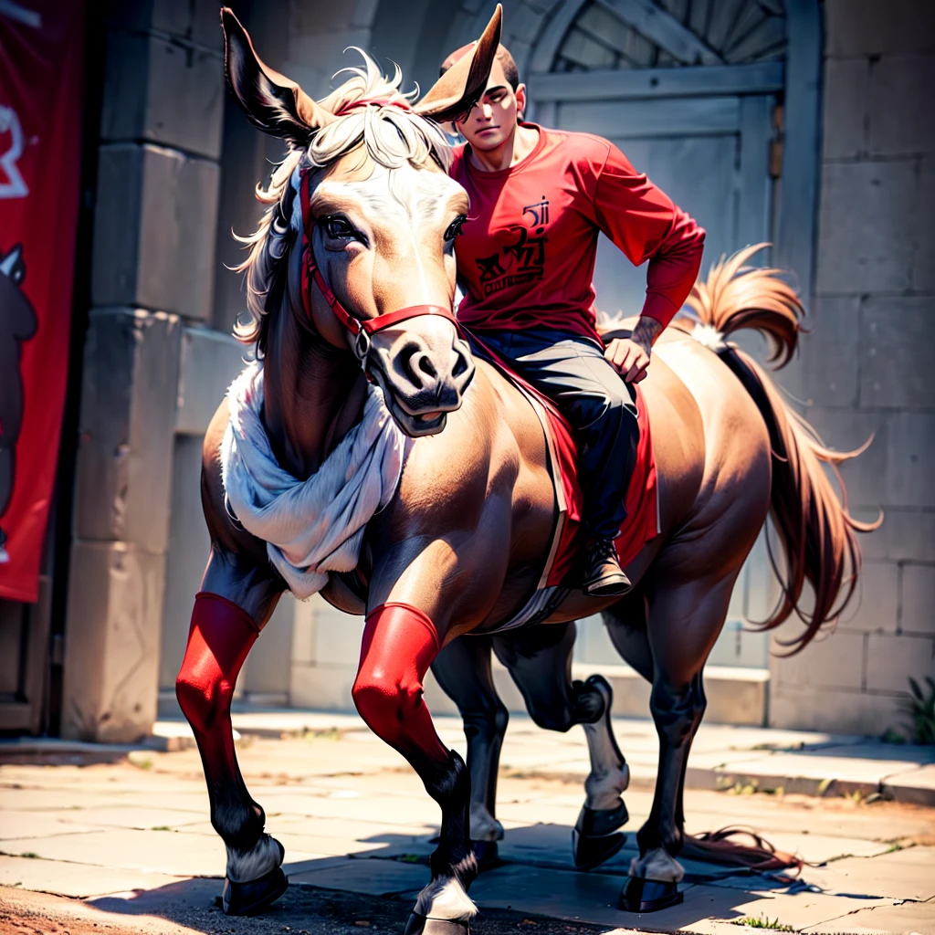 (((full body))), ((front image)),  ((ultra-detailed)), Sherek's donkey wearing a red t-shirt ((Written: "PT Lixo".))