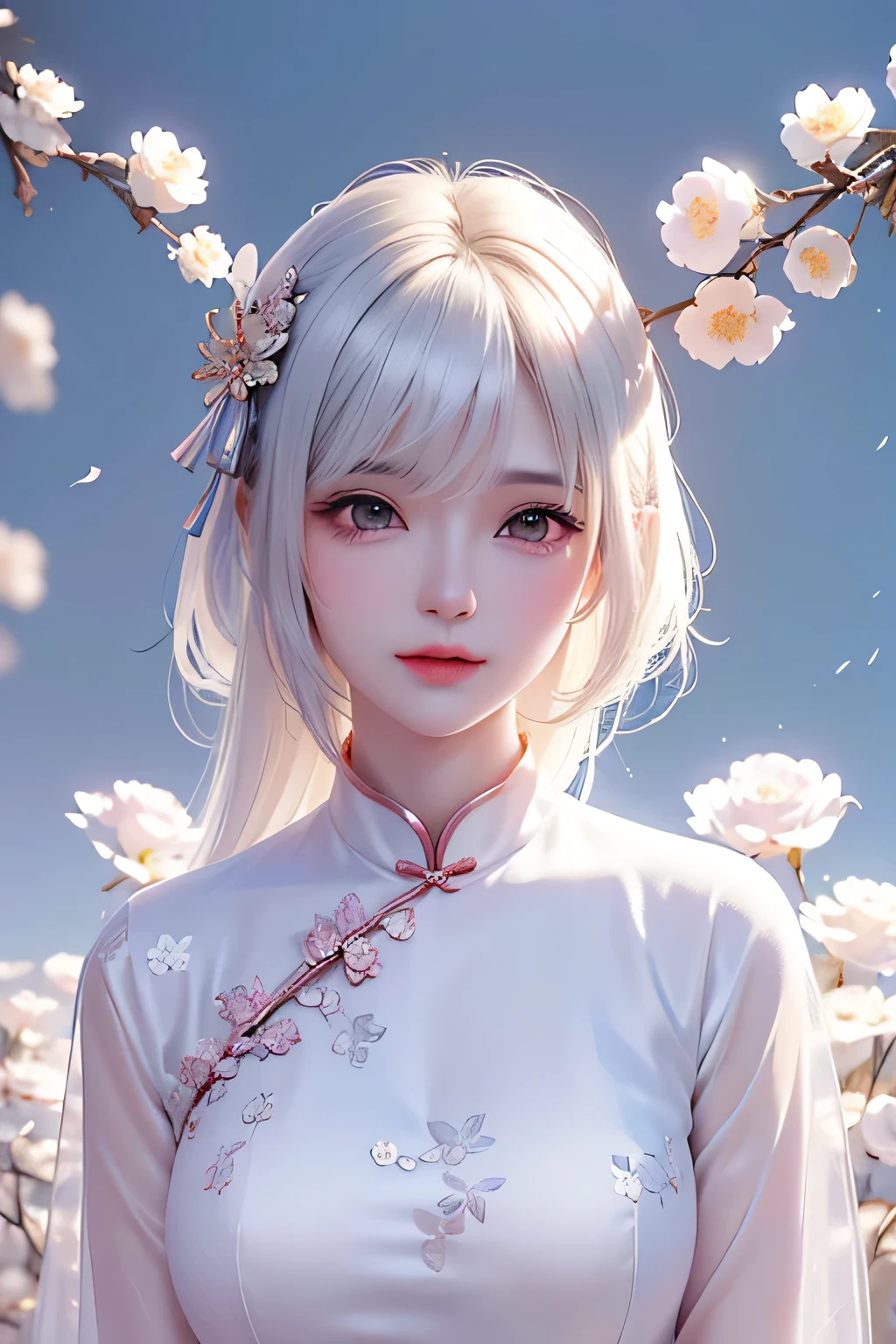 ((From the waist up))((masterpiece:1.5、8k、Portraiture、Photorealistic and very detailed CG、Very detailed、Particle Effects、Dynamic Effects、Written boundary depth、Cinematic Light、Lens flare、Ray Tracing、Tabletop、Realistic:1.4、超A high resolution:1.2、Realistic、Realistic))((alone、,A woman wearing a Chinese dress:1.4、Model-like pose:、Side bust、Ample breasts、Detailed face、Bright expression、young, Brighter, Whiter skin、Best Looks、Ultimate beauty、White hair with shiny highlights:1.8、bright and shiny hair,、Super long, Silky straight hair、Hair swaying in the wind))(Wonderful transparent flower々Surrounded by、White Background、Great background、Thin petals fluttering down)
