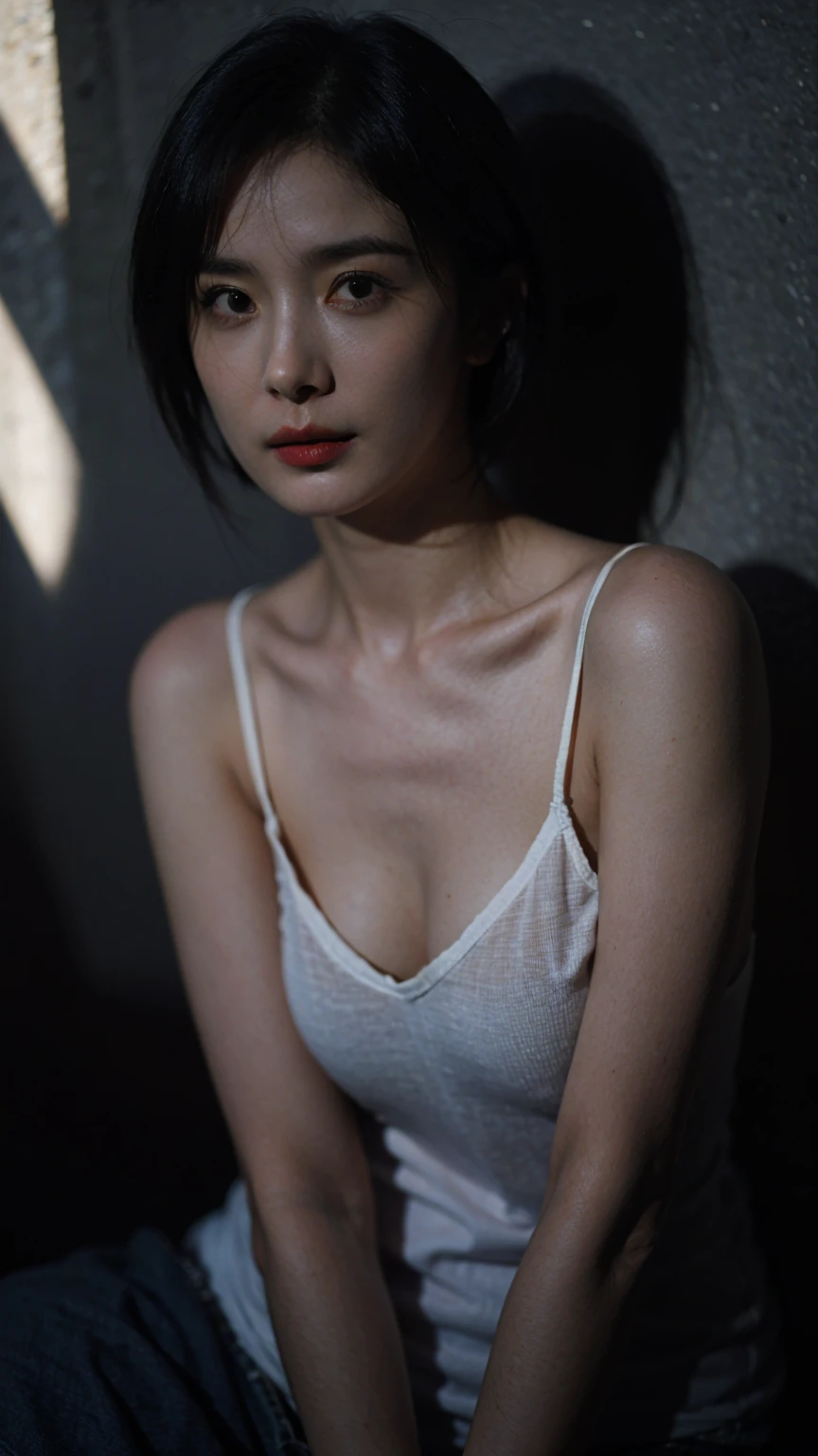 top-quality、​masterpiece、超A high resolution、(Photorealsitic:1.5)、Raw foto、1girl in、murky、deep-shadows、Unobtrusive、cold light、sexy appearance、shorth hair、((very_short_hair))