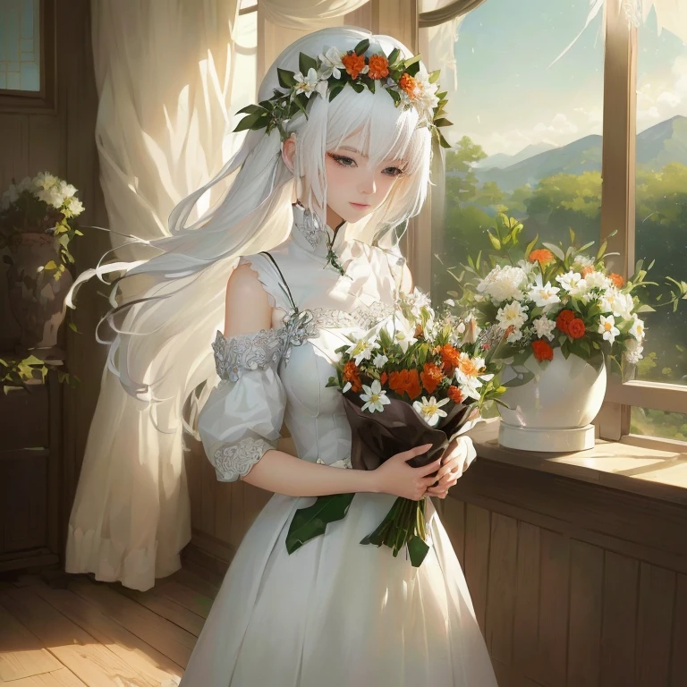 anime girl in white dress holding a bouquet of flowers, white haired deity, girl with white hair, in dress, white haired lady, guweiz on pixiv artstation, guweiz on artstation pixiv, perfect white haired girl, beautiful maiden, with flowers, painted in anime painter studio, guweiz, white haired