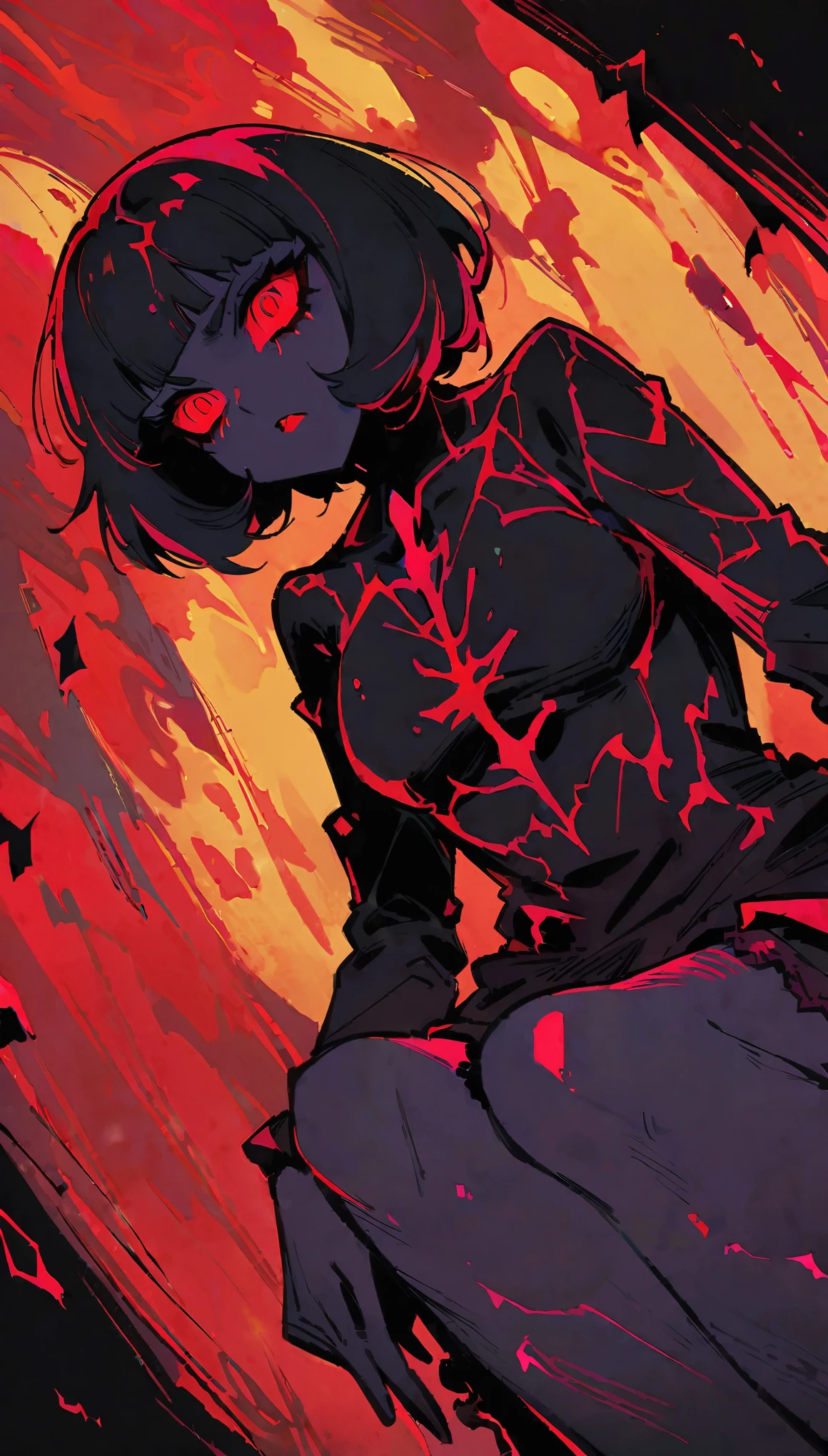 In the dimly lit room of an indie video game horror scene, Yum Nikki, a sinister figure, emits an intense and angry red aura. The atmosphere is both unsettling and ominous as her primal instincts take over. Every detail in this top-quality illustration is ultra-detailed, from her menacing eyes to the individual fibers in her frayed clothing. The colors are richly saturated and induce a sense of fear, adding to the overall intimidating presence. Yum Nikki's body is shown in a 30-degree angle, her spine curving as she crouches down with open knees, exuding a sense of danger.