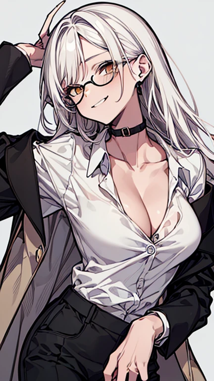 (highest quality、masterpiece:1.2) 1 Female, (adult), Dark skinn, Hair over the ears, light white hair, yellow Eyes, short glasses, ((black tailored jacket, white shirts, pants)), smiling eye, collarbone, (cleavage), little earring, different pose, gesture, pointy ears, (off shoulder), leather gloves, (mechanical mouth mask),