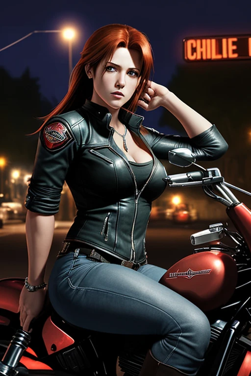 Beautiful Claire Redfield sits on a Harley Davidson motorcycle on the street holding a nighttime gun