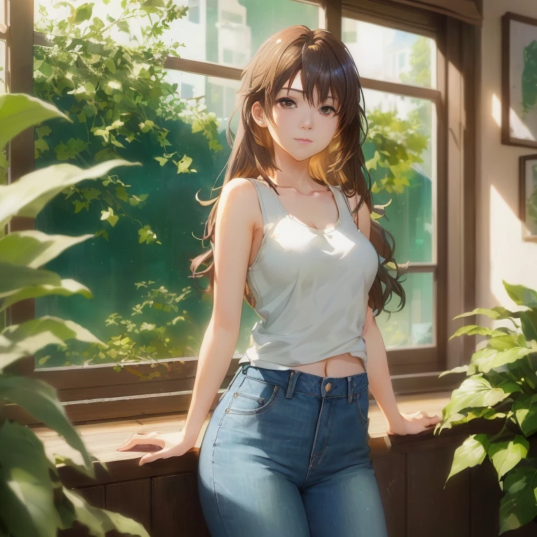anime girl in a tank top and jeans leaning on a window sill, smooth anime cg art, painted in anime painter studio, attractive anime girl, makoto shinkai art style, makoto shinkai style, casual pose, realistic anime artstyle, makoto shinkai. digital render, beautiful anime girl, realistic anime 3 d style, anime moe artstyle