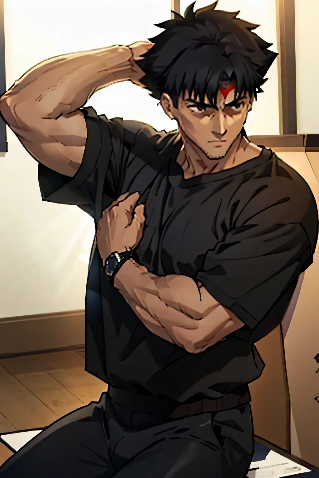 Kiritsugu Emiya is sitting in a black muscleshirt without sleeves and is flexing his forearms. He has many huge veins on his arms. His tshirt is lifted up and his abs are visible.