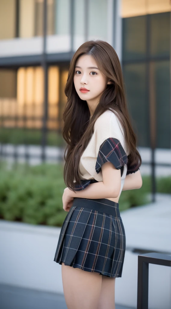 ((realistic lighting, highest quality, 8K, masterpiece, medium shot: 1.3)),20 years old Korean young girl, clear focus: 1.2, 1 girl, perfect figure: 1.4, slim abs: 1.1, ((dark brown hair)), naked body , (outdoor, night: 1.1), slender girl, pale and soft skin, white skin, smooth skin,in the university courtyard, sleeping in bed, super fine face, fine eyes, double eyelid,(tartan check miniskirt),back vision