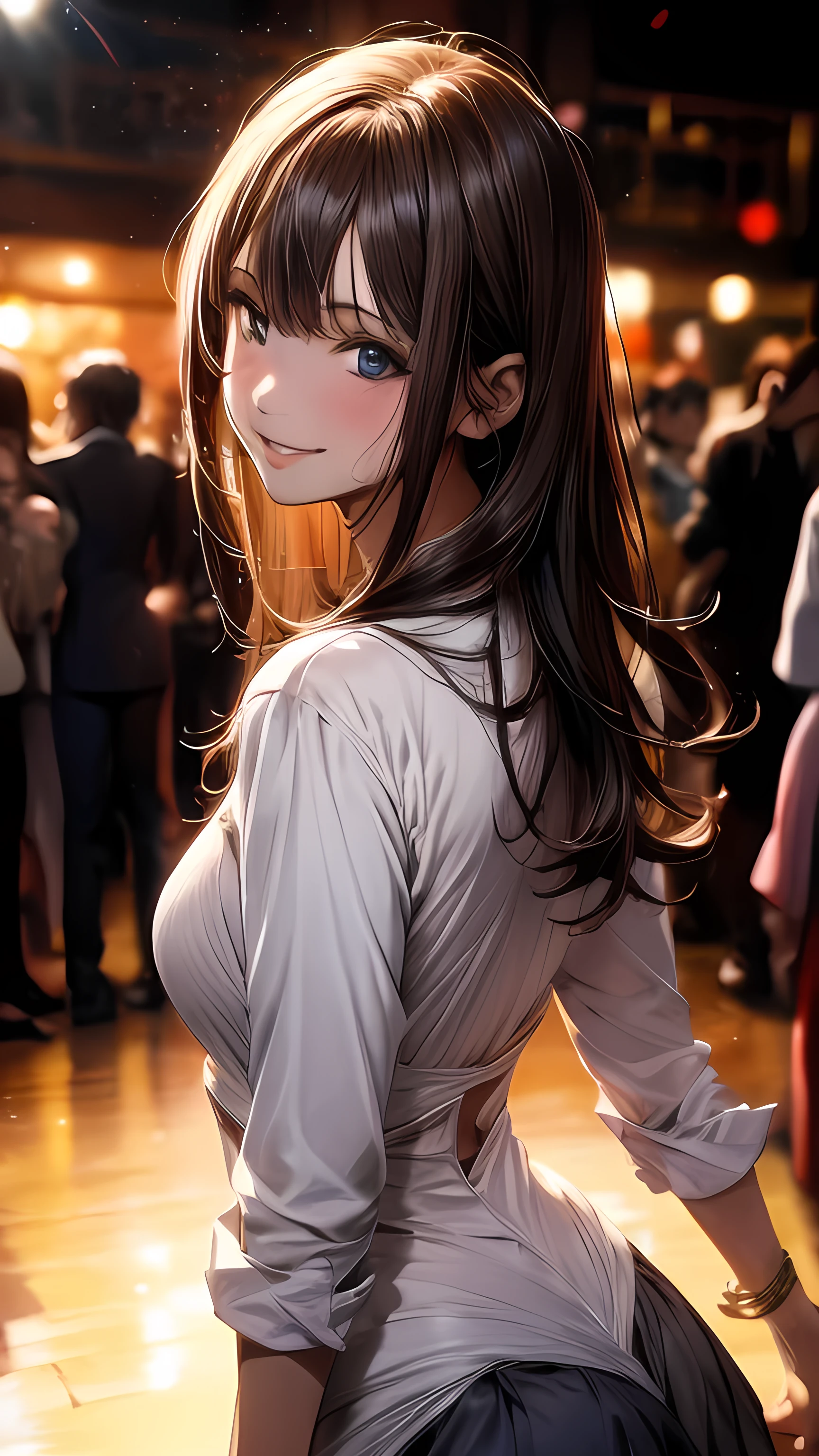 Anime Style, Film Portrait Photography, 1 Female, a smile, smile, Beautiful woman, whole body, Light brown hair, Semi-long hair, Woman dancing on the dance floor in a club, Spotlight, Vivid lighting, (Natural skin texture and vivid details, Ultra-realistic)