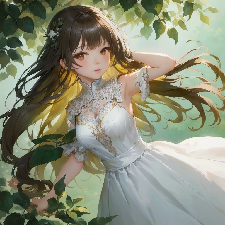 anime girl with long hair in white dress standing in a tree,  in dress, cute anime waifu in a nice dress, smooth anime cg art, beautiful anime girl, guweiz on pixiv artstation, anime visual of a cute girl, beautiful anime portrait, anime moe artstyle, guweiz, guweiz on artstation pixiv