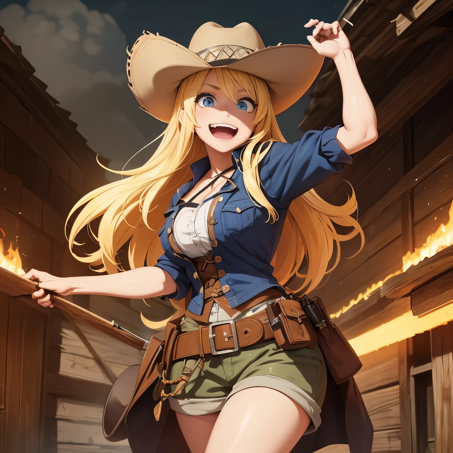 masterpiece, best quality, highres, focus, anime style, full body, 1 girl, anime image, anime girl, old west, wild west, bandit, cowgirl, wide-brimmed hat, blonde hair, unhinged, crazy smile,. deranged expression