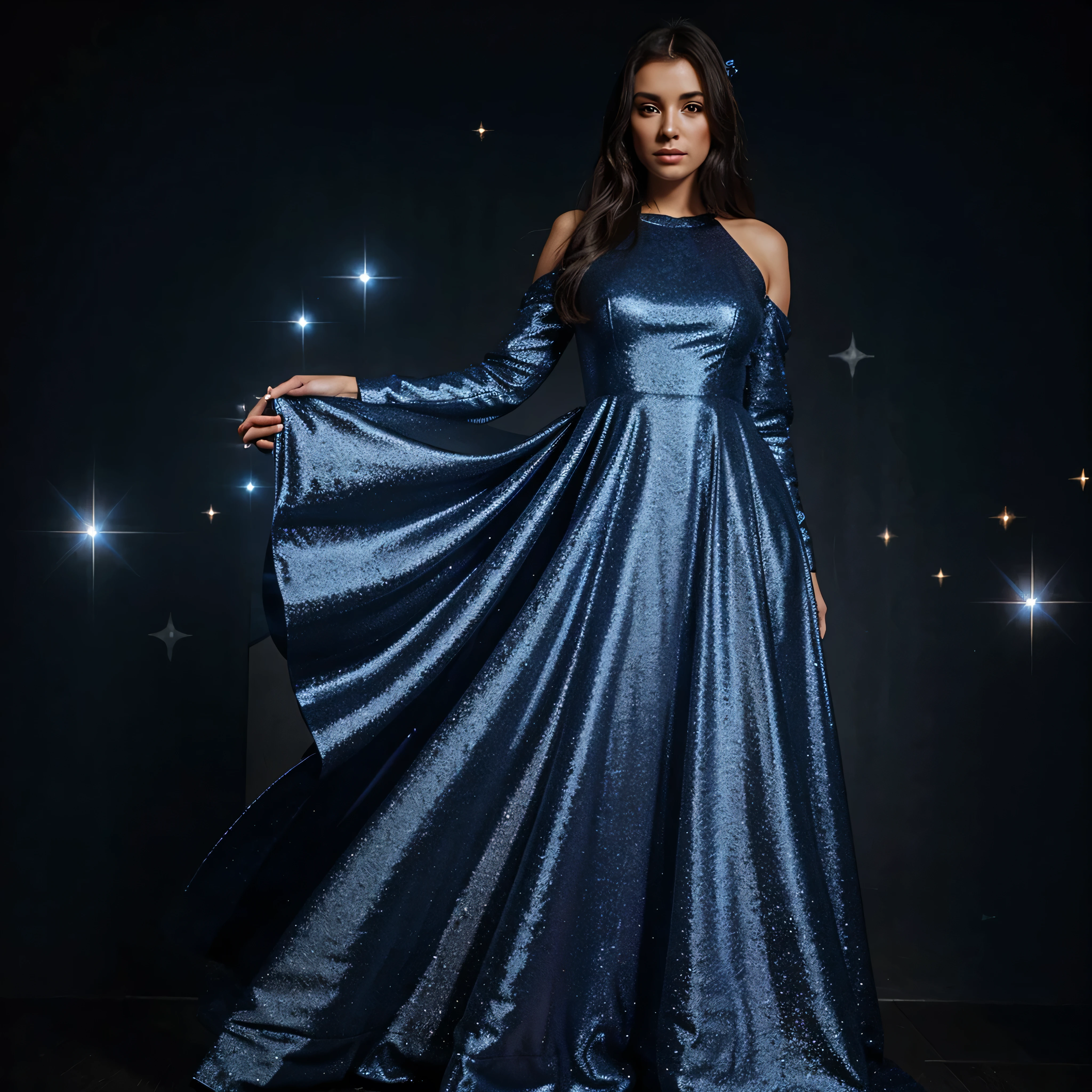 Long shiny and flowing dark blue dress with sparkle stars