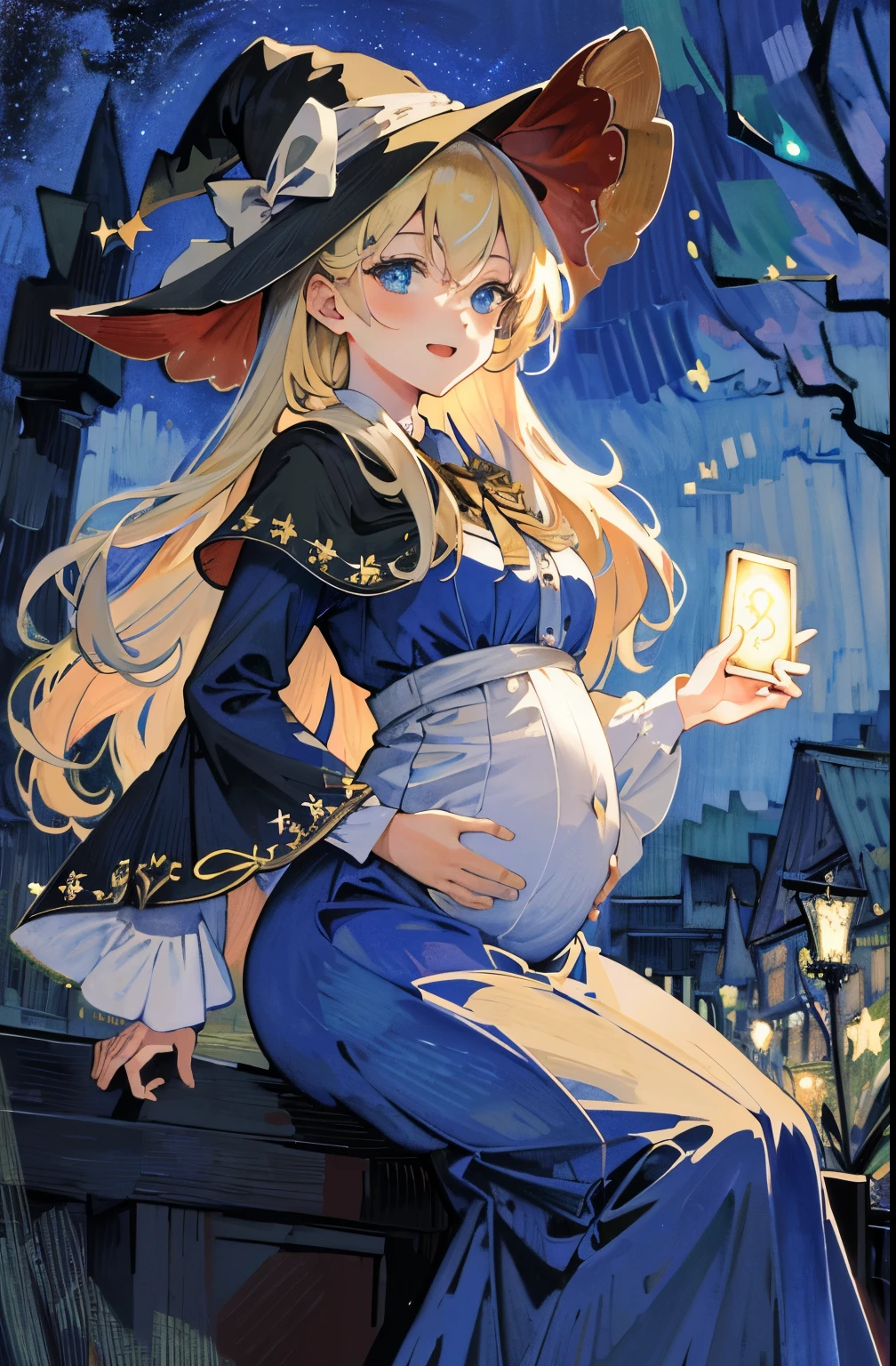 ((Masterpiece:1.2, Best quality)), 1girll, Solo, (Witch hat), Blonde hair, Long hair, dress, aurora, Night, Star (sky), mitts, sky, White dress, Night sky, Open mouth, Starry sky, Blue eyes, ribbon, Very long hair, Red dress, Smile, Hair ribbon, Cape, Blue hair, (Bird), magic, casting spell, Dark clouds, Night, (Impressionism:1.4), (tarot:1.3), Alphonse Mucha,Pregnant belly, maternity attire for pregnant women，maternity dress，pregnant belly，Pregnant belly