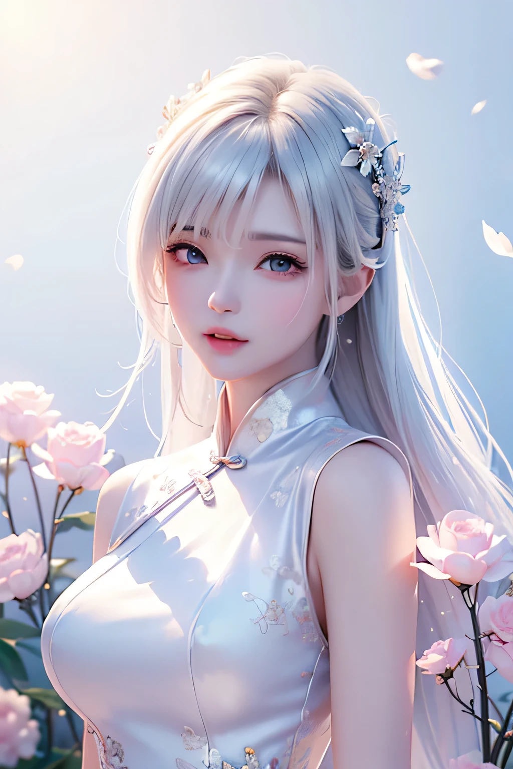 ((From the waist up))((masterpiece:1.5、8k、Portraiture、Photorealistic and very detailed CG、Very detailed、Particle Effects、Dynamic Effects、Written boundary depth、Cinematic Light、Lens flare、Ray Tracing、Tabletop、Realistic:1.4、超A high resolution:1.2、Realistic、Realistic))((alone、Sleeveless,A woman wearing a Chinese dress:1.4、Model-like pose:、Side bust、Ample breasts、Detailed face、Bright expression、young, Brighter, Whiter skin、Best Looks、Ultimate beauty、White hair with shiny highlights:1.8、bright and shiny hair,, Silky straight hair、Hair swaying in the wind))(Wonderful transparent flower々Surrounded by、White Background、Great background、Thin petals fluttering down)
