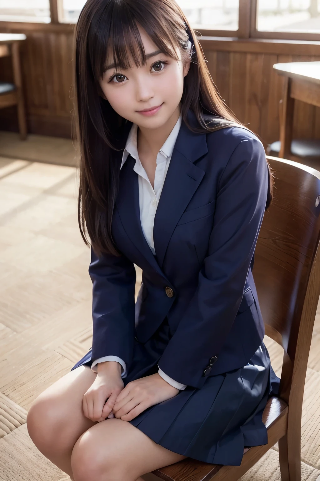 best quality, facial focus, soft light, (depth of field), ultra high res, (photorealistic: 1.4), RAW photo, (sideways) 1Japanese girl, solo, handsome, (shy, smile: 1.1), (brown eyes), detailed beautiful face, (long hair), (seated chair), (school uniform: 1.4, navy skirt, navy Blazer), pet shop,