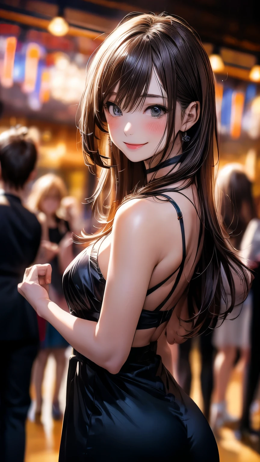 Anime Style, Film Portrait Photography, 1 Female, a smile, smile, Beautiful woman, whole body, Light brown hair, Semi-long hair, Woman dancing on the dance floor in a club, Spotlight, Vivid lighting, (Natural skin texture and vivid details, Ultra-realistic)