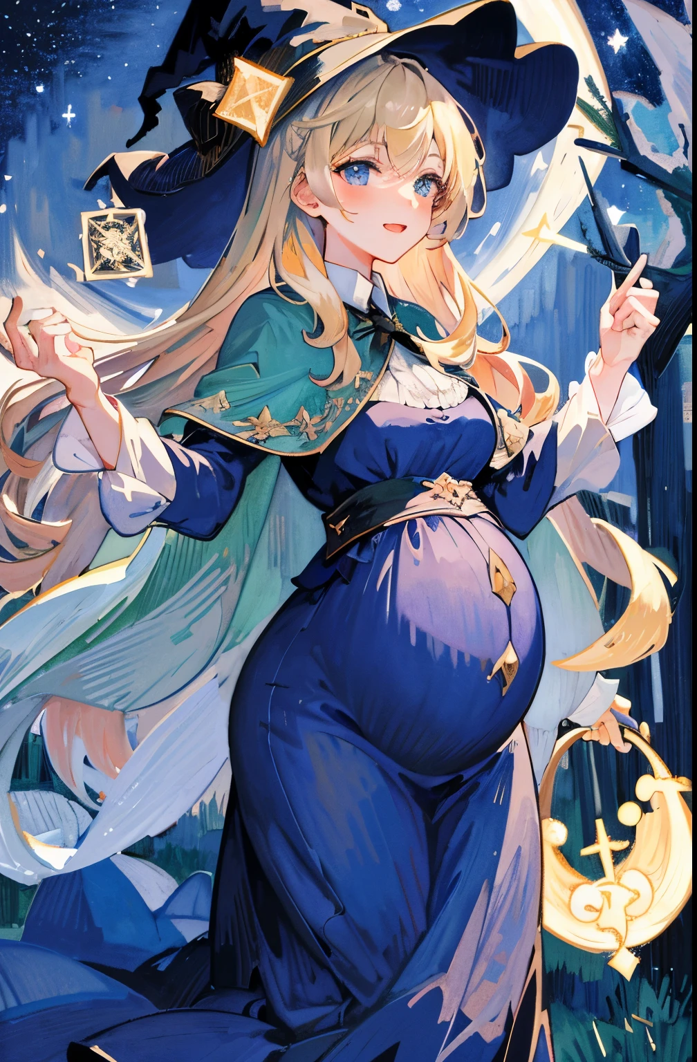 ((Masterpiece:1.2, Best quality)), 1girll, Solo, (Witch hat), Blonde hair, Long hair, dress, aurora, Night, Star (sky), mitts, sky, White dress, Night sky, Open mouth, Starry sky, Blue eyes, ribbon, Very long hair, Red dress, Smile, Hair ribbon, Cape, Blue hair, (Bird), magic, casting spell, Dark clouds, Night, (Impressionism:1.4), (tarot:1.3), Alphonse Mucha,Pregnant belly, maternity attire for pregnant women，maternity dress，pregnant belly，Pregnant belly