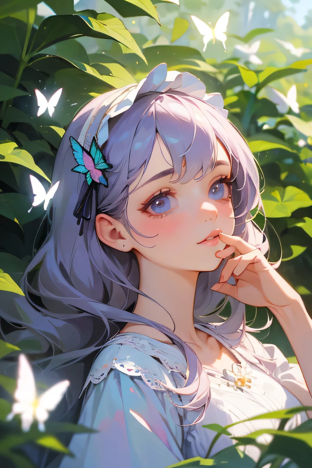 (best quality,4k,8k,highres,masterpiece:1.2),ultra-detailed,realistic,beautiful detailed eyes,beautiful detailed lips,detailed accessories,longeyelashes,flowery headband,butterfly hairpins,purple dress,cute cottage,peaceful garden,soft natural light,lush greenery,flying butterflies,fragrant flowers,tranquil atmosphere,pastel color palette,cottagecore aesthetic,subtle vintage vibes