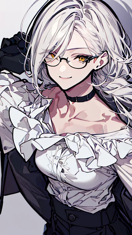 (highest quality、masterpiece:1.2) 1 Female, (adult), Dark skinn, Hair over the ears, light white hair, yellow Eyes, short glasses, ((black tailored jacket, white shirts, pants)), smiling eye, collarbone, (cleavage), little earring, different pose, armpit, pointy ears, (off shoulder), leather gloves, (mask), hair over one eye