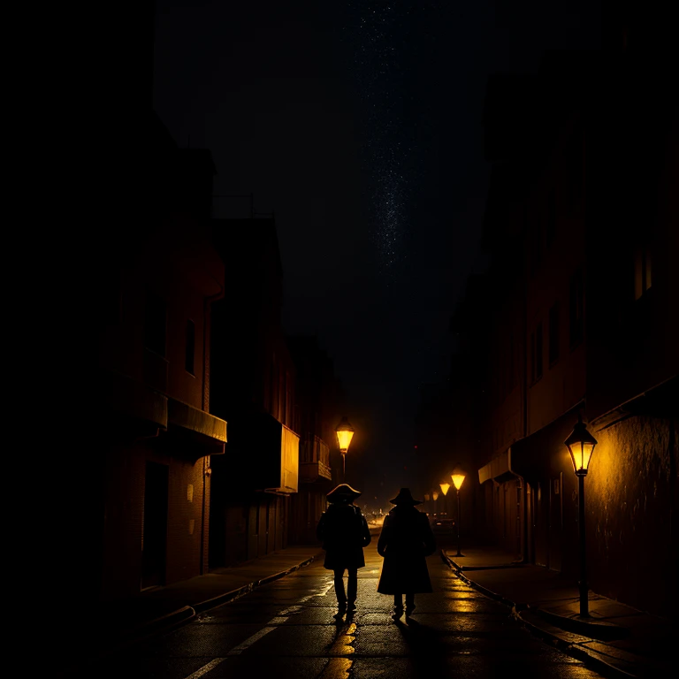 Picture a captivating book cover featuring a mysterious night traveler. The setting is an asphalt road, stretching out into the darkness, dotted with the yellow glow of streetlights. The traveler, clad in a long, thick coat, is seen with a backpack slung over one shoulder and a hat pulled low over their eyes. Their face is obscured, leaving the viewer with an air of intrigue and wonder. The cover is designed with a high level of detail, showcasing the texture of the coat and the roughness of the asphalt beneath. The illumination cast by the streetlights falls upon the traveler with a dramatic, cinematic effect, adding depth and dimension to the