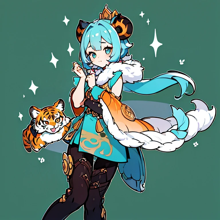(Masterpiece: 1.5, best quality, high resolution: 1.3, super resolution, super detailed, ultra detailed: 1.3, rich background: 1.2, 1 woman)) lilac eyes + turquoise hair + very short hair + female body + medium chest + medium hips + thick thighs + Oni horns + quotes + curvy body (intricate sleeveless bodysuit, large fluffy fur coat, harness pants, minimal jewelry, tiger skin) (happy, elevated expression, illuminated background , turquoise rays, close view) (colors for clothing and accessories: white, black, turquoise, brown, orange)