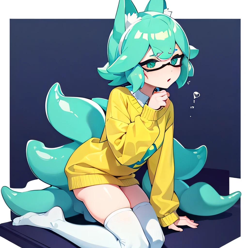 femboy with short aqua splatoon-like hair with wavy bangs, wearing an oversize pastel-yellow sweater and some white thigh socks in a kneeling position, a vodka in hand with a drunken face.