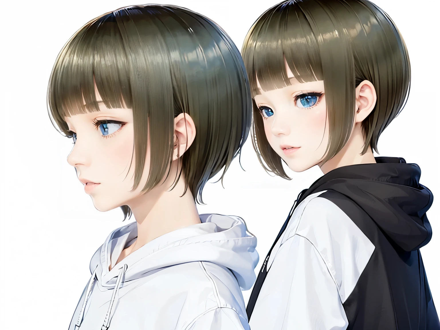 solo、profile, bust shot,25-year-old Caucasian woman、platinum blonde、blue eyes、shiny skin、 short mash hair, turquoise eyes, plain white hoodie, black shorts, black sneakers,